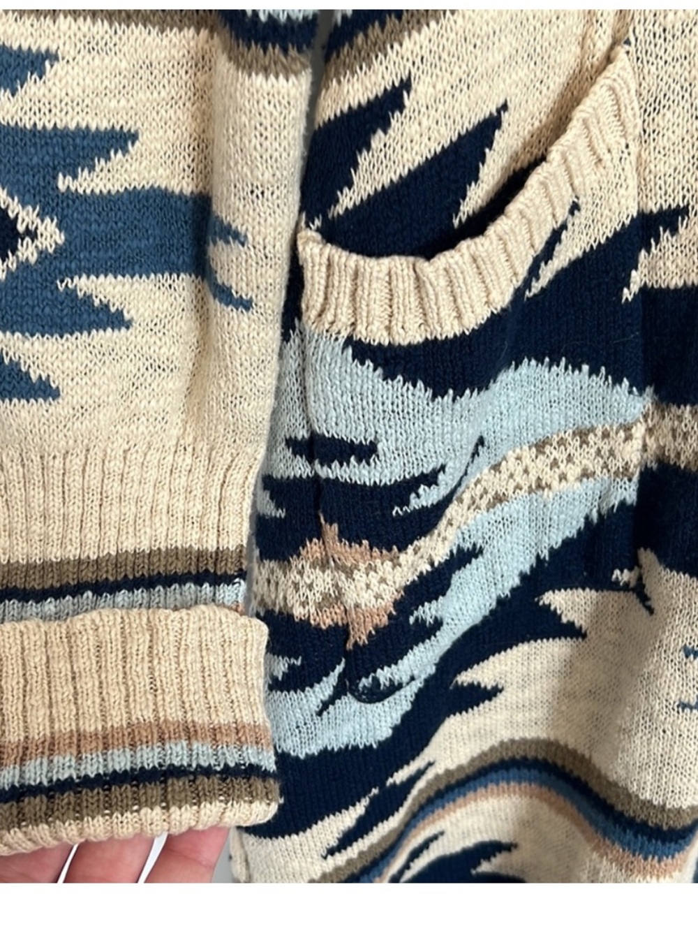 Faherty Cream and Blue Southwestern Knit Belted Cardigan - Picture 4 of 8
